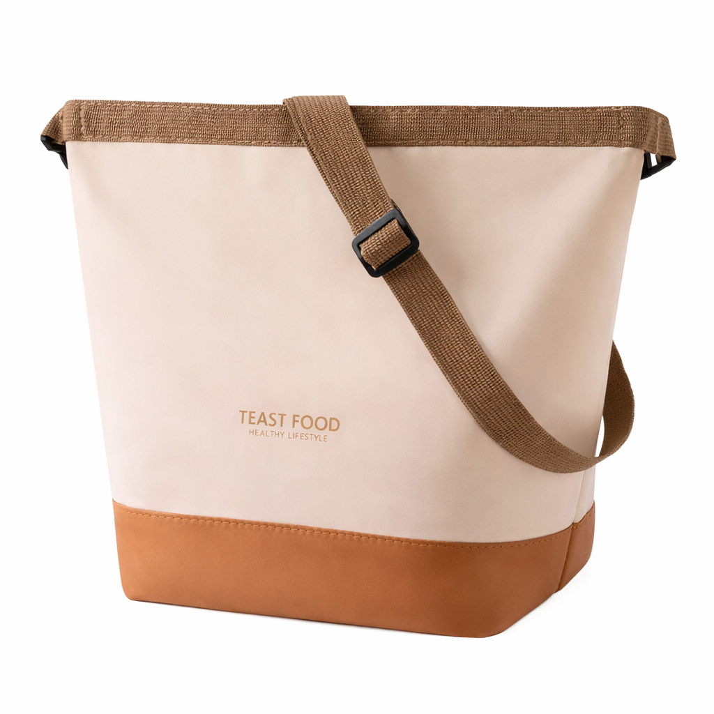 Sac repas isotherme bicolore beige et camel avec bandoulière, pratique et moderne FrescoLunch fond blanc