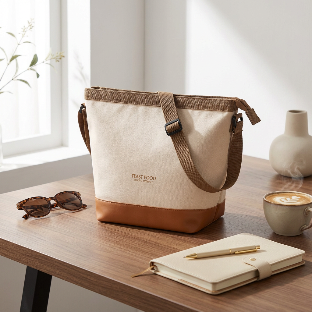 Sac repas isotherme femme beige et marron posé sur une table avec carnet, lunettes et café, style élégant et moderne, idéal pour le travail et le quotidien