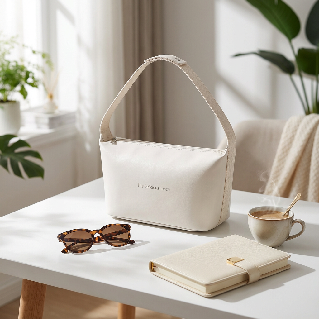 Sac repas isotherme femme beige posé sur table lumineuse avec lunettes et carnet, ambiance lifestyle élégante, féminine et moderne
