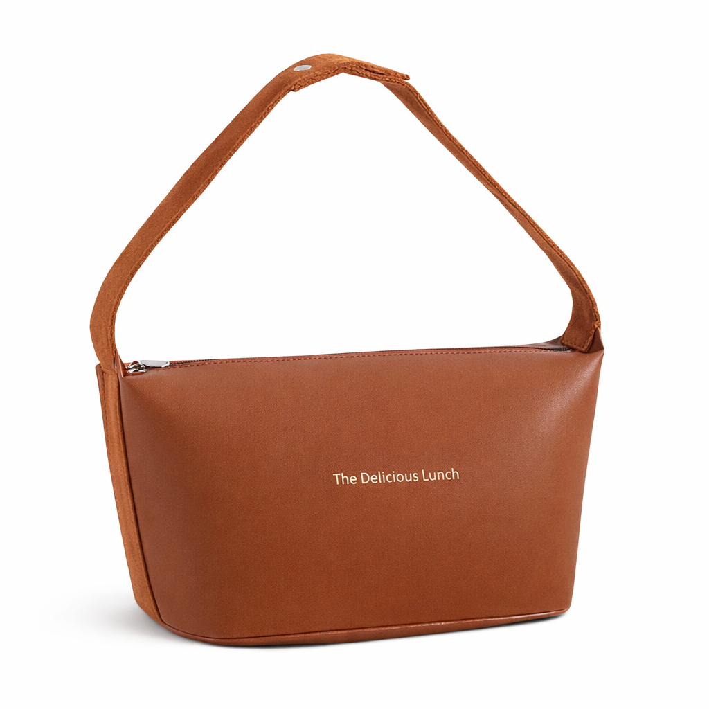 Sac repas isotherme brun effet cuir, chic et féminin pour le travail FrescoLunch fond blanc