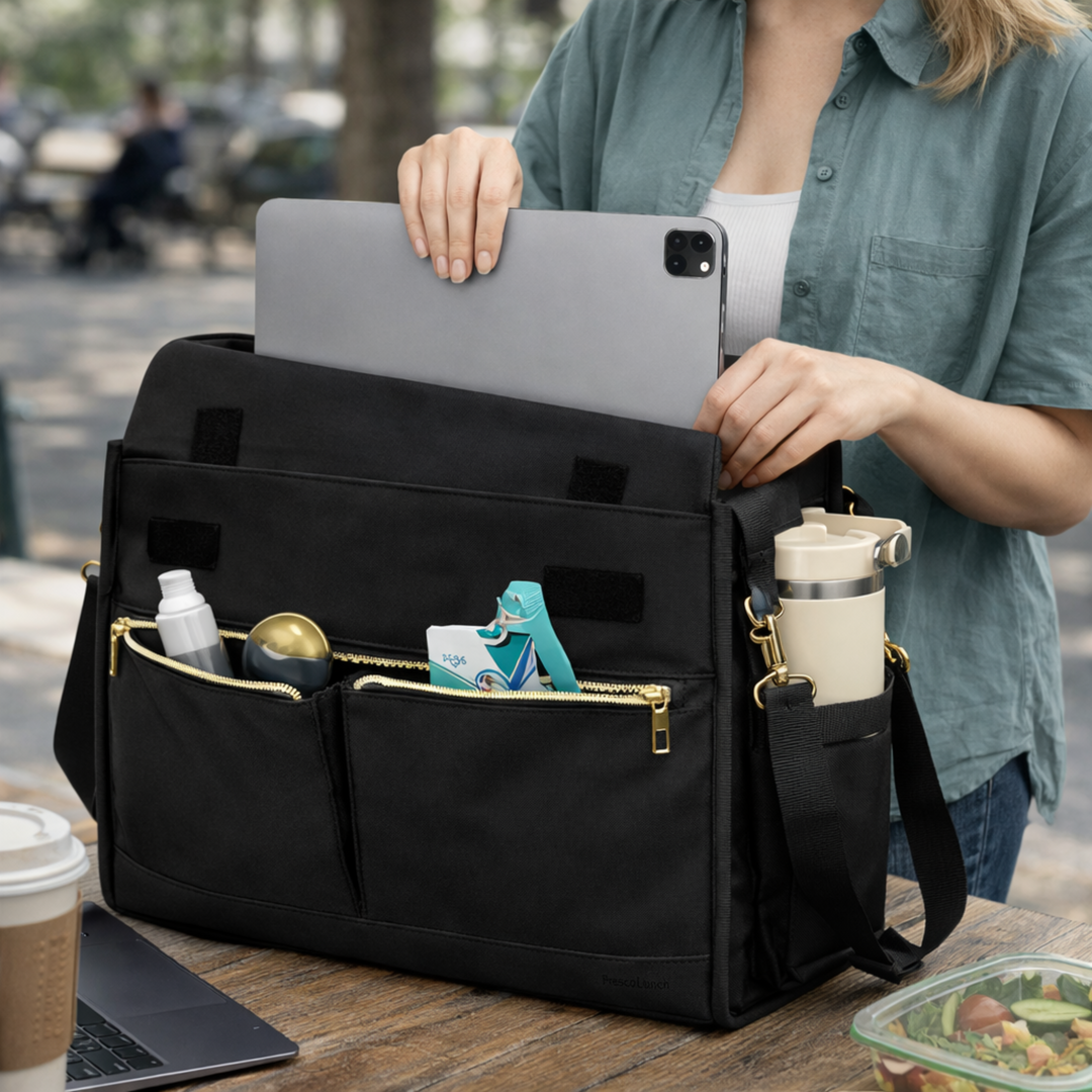 Sac repas isotherme femme utilisé au bureau avec rangement ordinateur, accessoires et bouteille