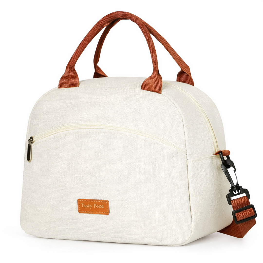 Sac isotherme repas beige avec anses marron, design élégant et compact pour déjeuner au travail, FrescoLunch
