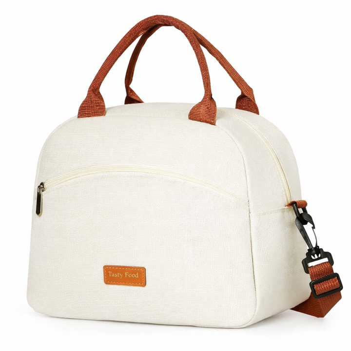 Sac isotherme repas beige avec anses marron, design élégant et compact pour déjeuner au travail, FrescoLunch