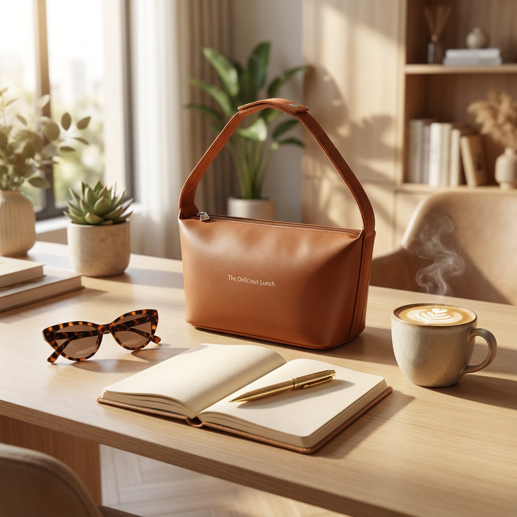 Sac repas isotherme femme marron style cuir posé sur bureau avec carnet, lunettes et tasse de café, ambiance lifestyle moderne et professionnelle