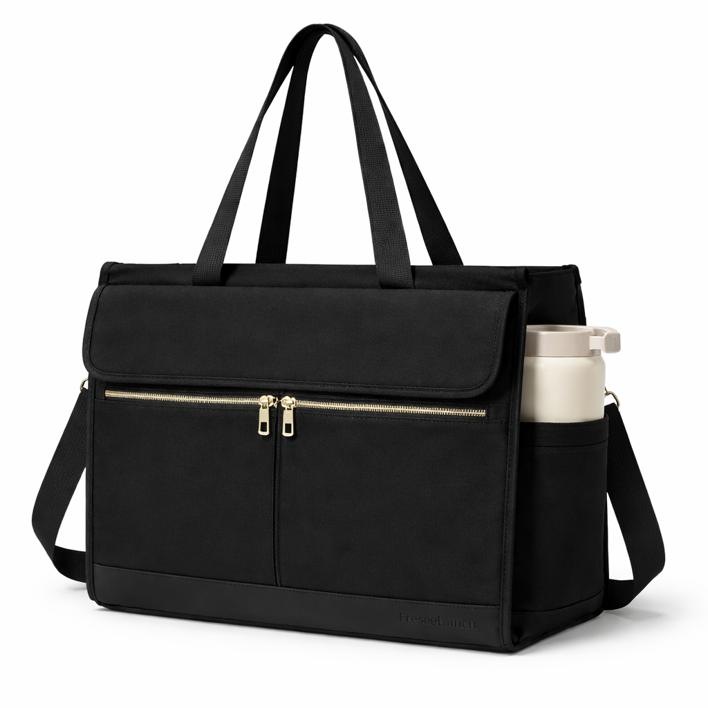 Sac repas isotherme femme élégant noir avec poches zippées et porte-bouteille, design premium FrescoLunch