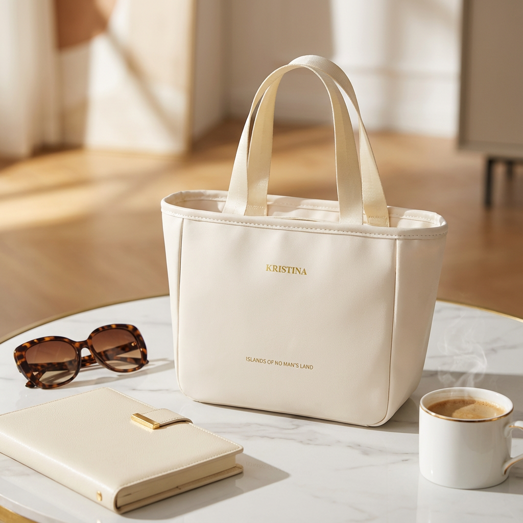 Sac repas isotherme femme élégant couleur crème posé sur table avec café, lunettes et carnet, style lifestyle chic, idéal bureau et quotidien