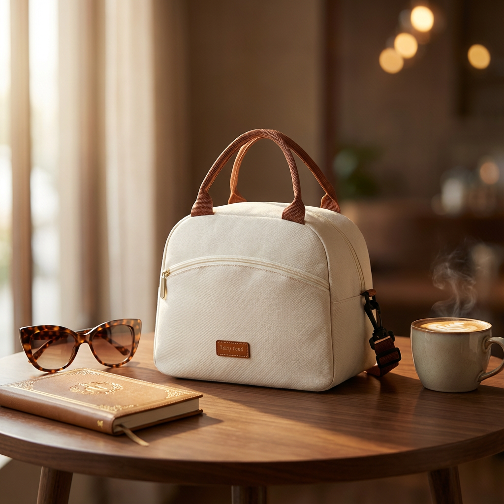 Sac isotherme repas beige élégant posé sur table de café, style femme active, déjeuner nomade chic, FrescoLunch