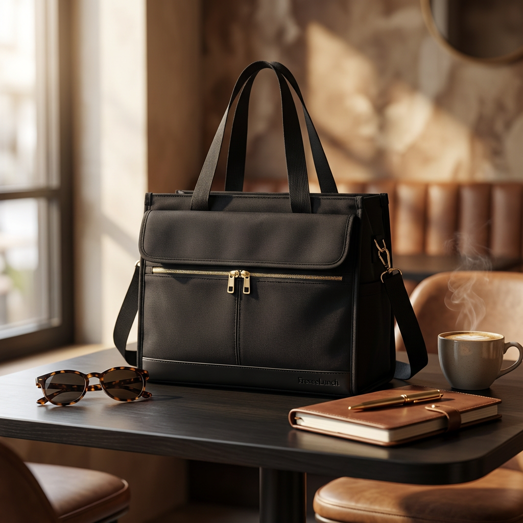 Sac repas isotherme femme noir FrescoLunch posé sur une table de café avec carnet, lunettes et boisson chaude, style élégant et professionnel.