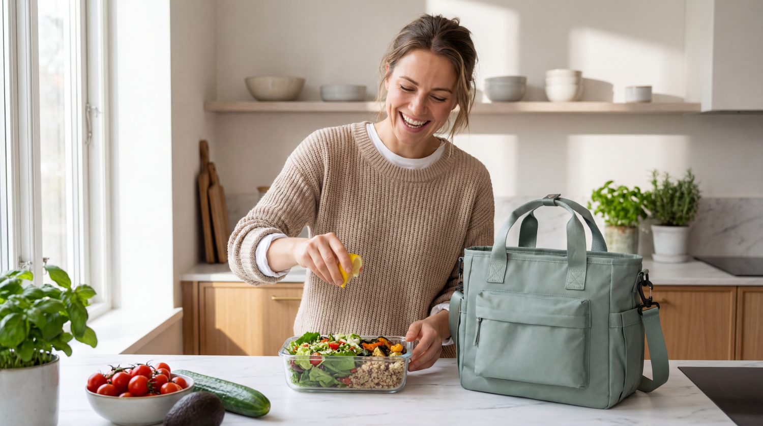 Femme active préparant son déjeuner avec un sac isotherme repas élégant FrescoLunch dans une cuisine lumineuse