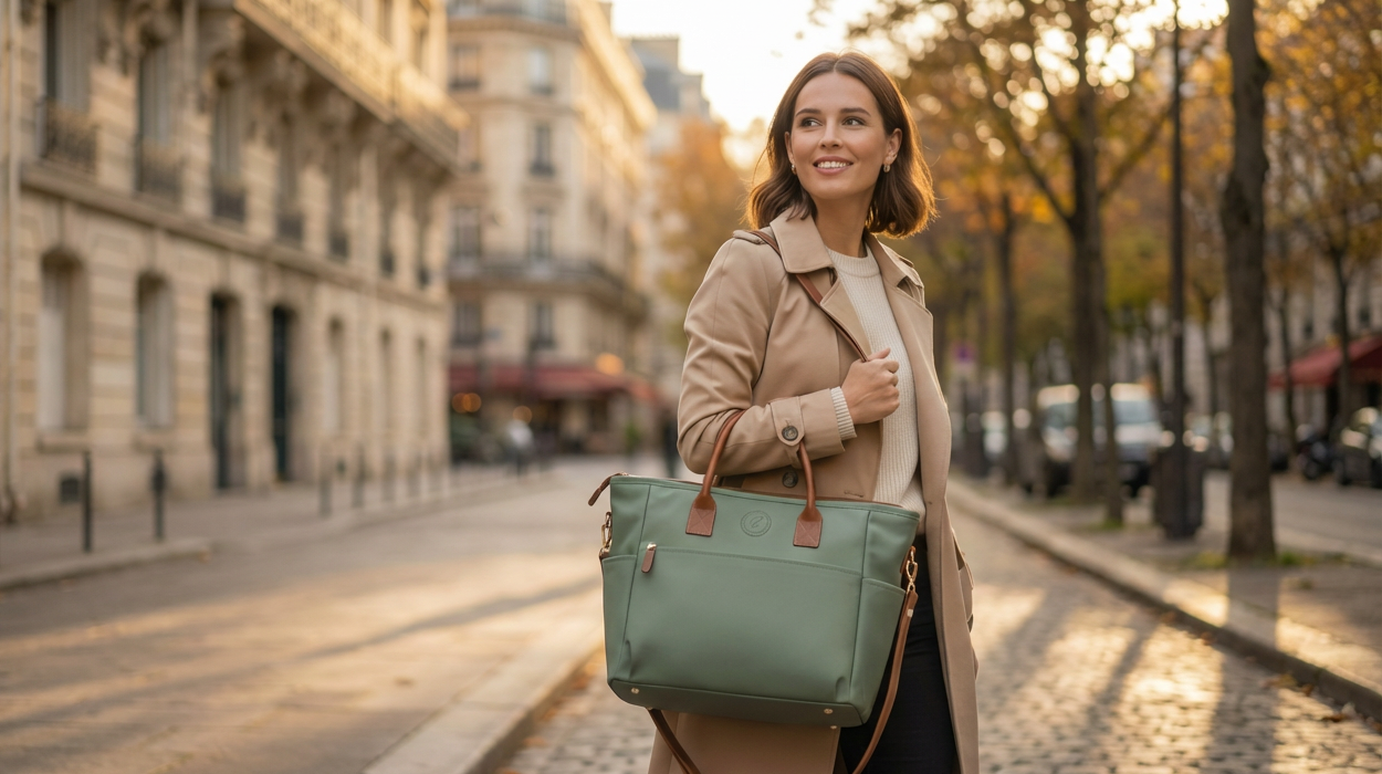 Femme active marchant dans une rue parisienne avec un sac isotherme repas Vert Sauge FrescoLunch, style lifestyle premium, lumière du matin, fond flou.